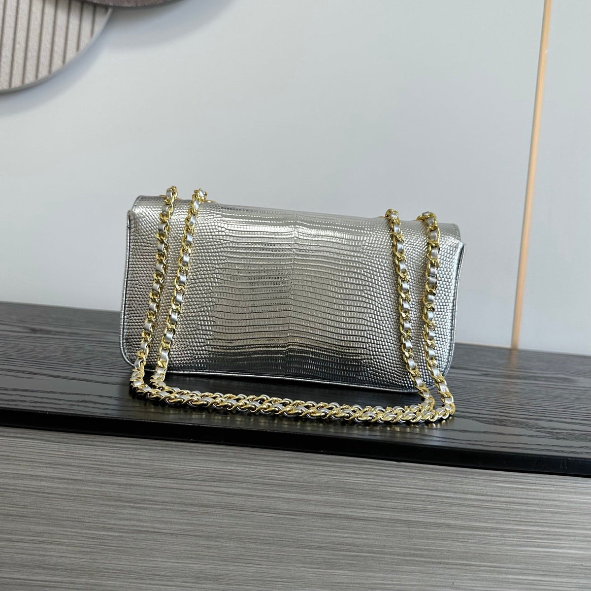 Chanel 2026 Pouch With Chain Strap 21.5cm Silver Metallic Lizard