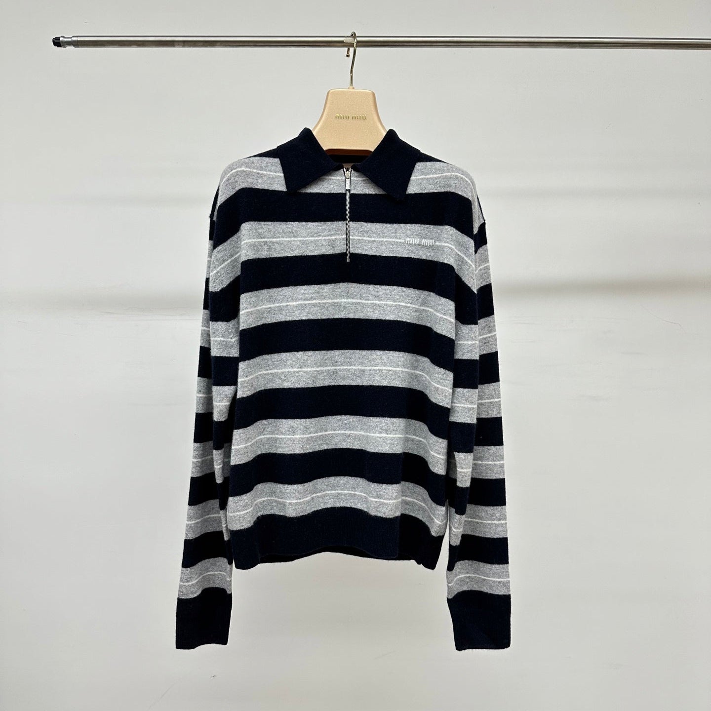 Miu Miu 25 Striped Polo Neck Sweater Navy Blue Gray Cashmere