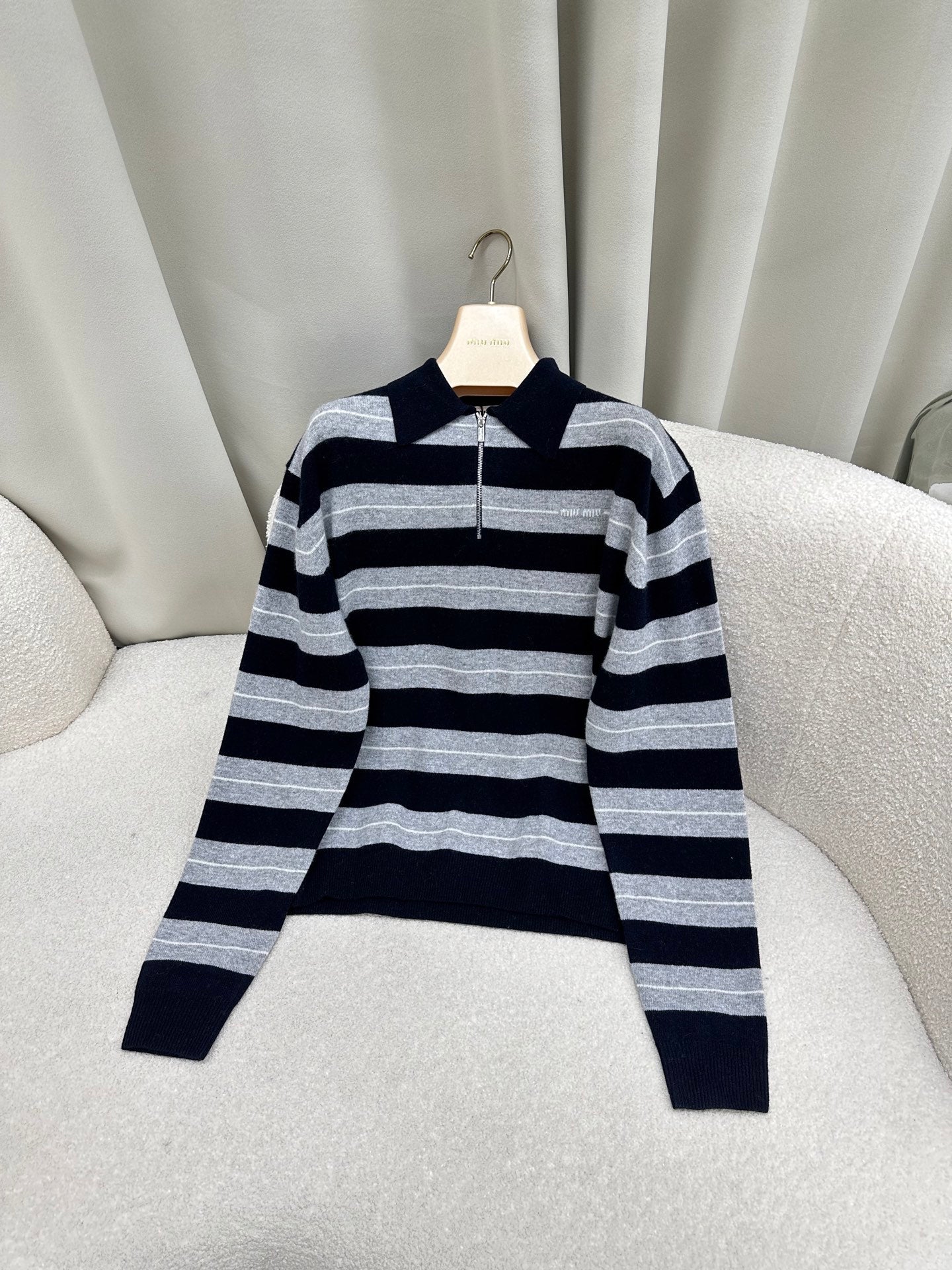 Miu Miu 25 Striped Polo Neck Sweater Navy Blue Gray Cashmere