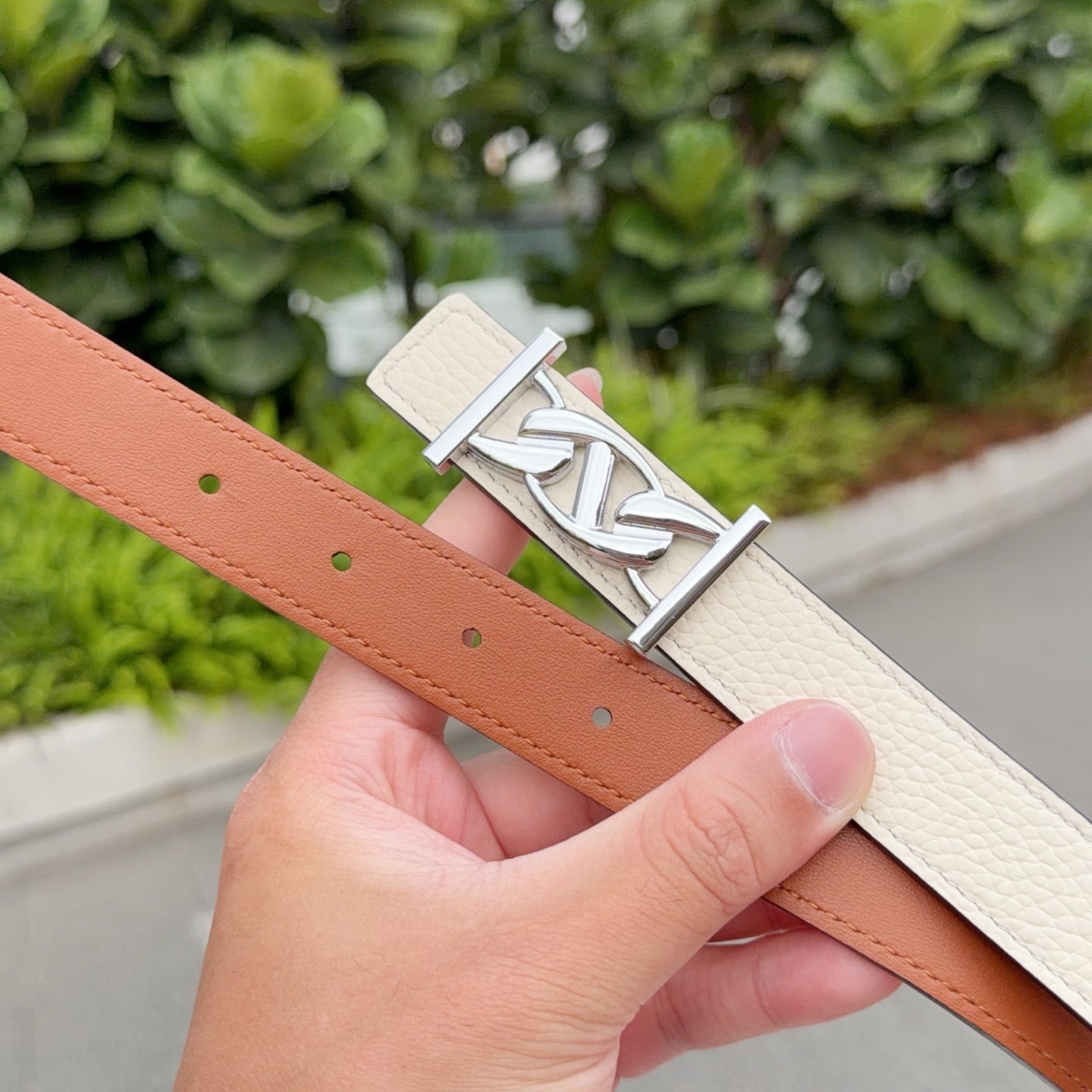 HM My H belt 2.5cm Ivory Sliver Cowhide 202569