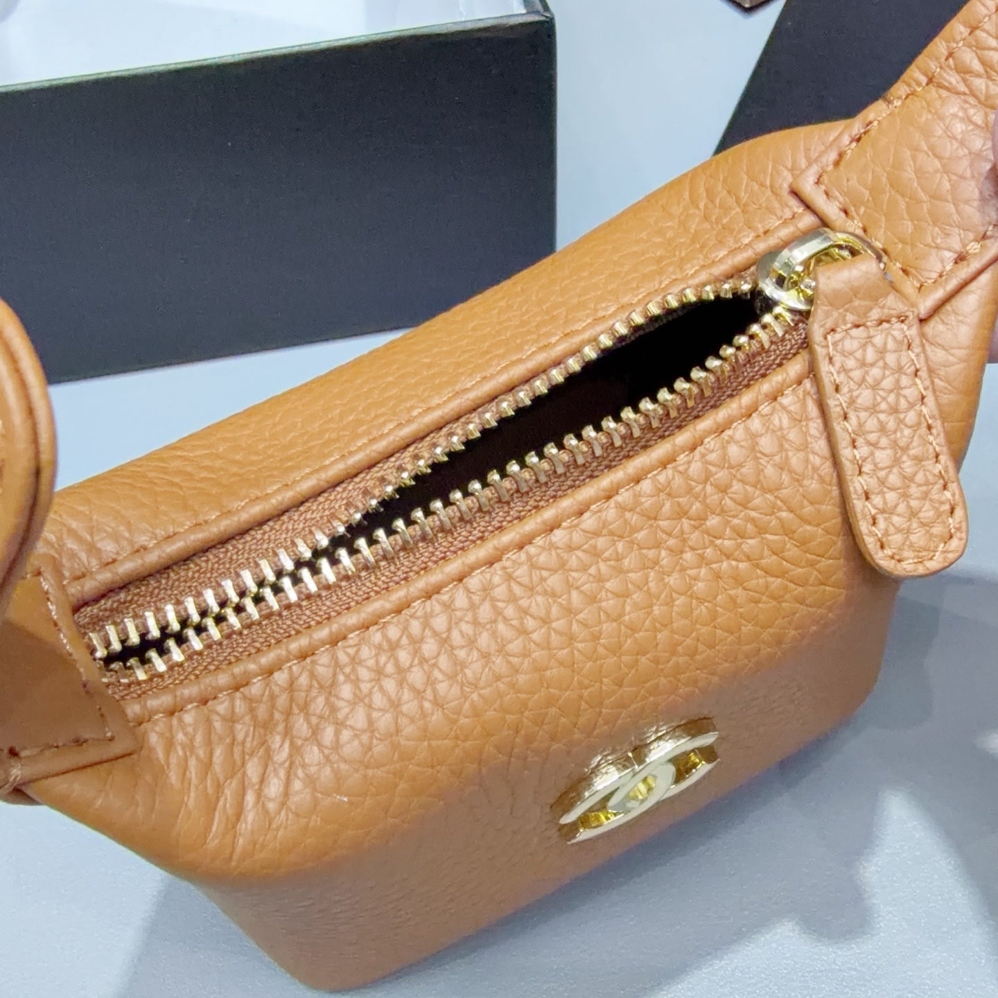 CC 26s Micro Top Handle Round Hobo Pouch Tan Brown Grained Calfskin 216542