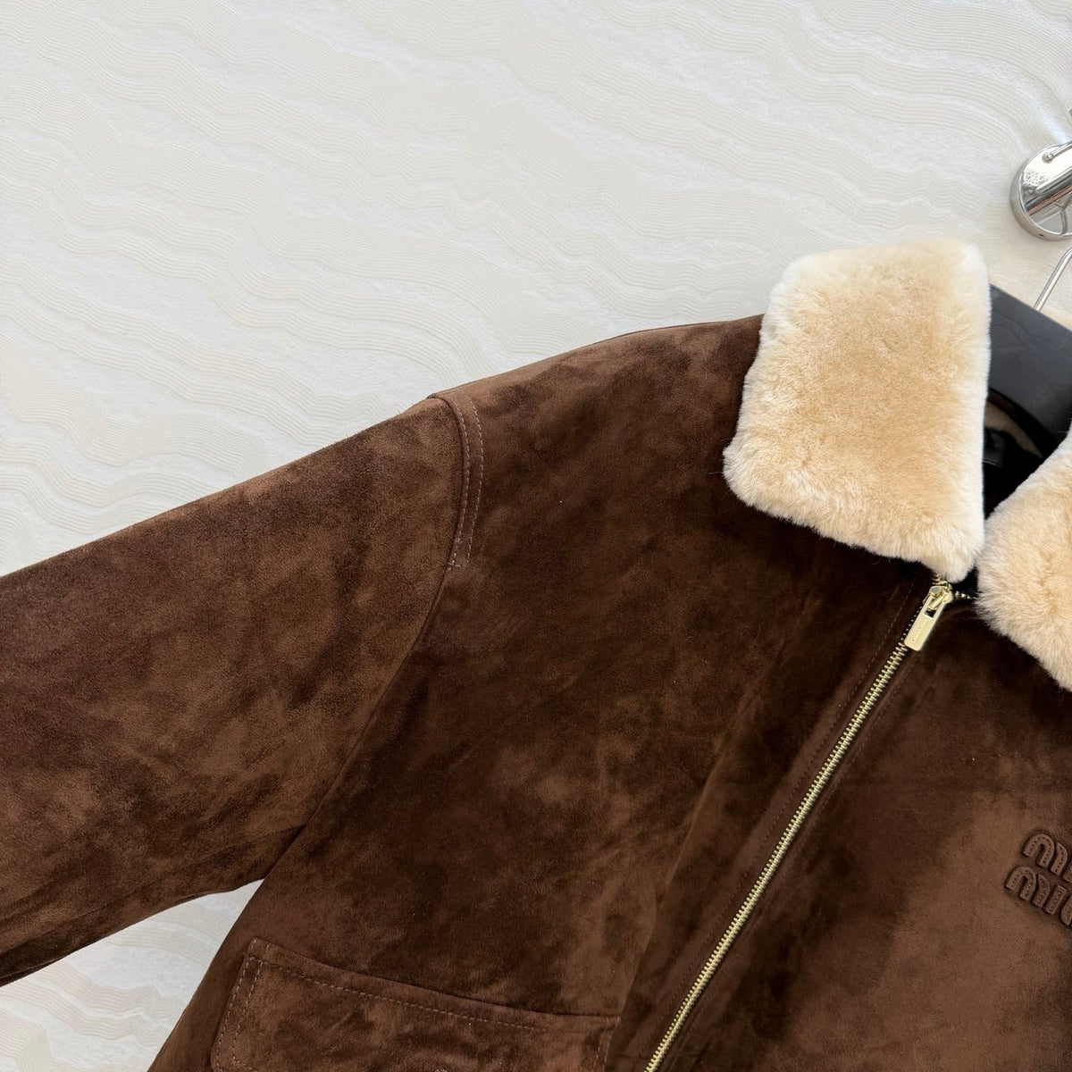 Miumiu 26S Shearling Collar Suede Jacket Dark Brown 440896