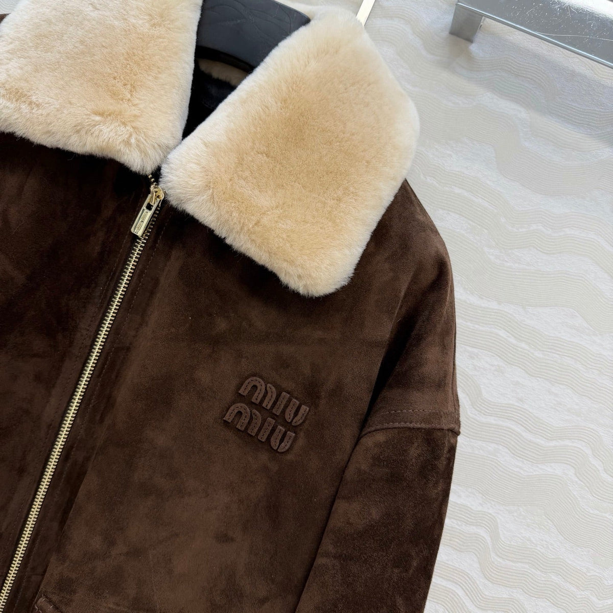 Miumiu 26S Shearling Collar Suede Jacket Dark Brown 440896