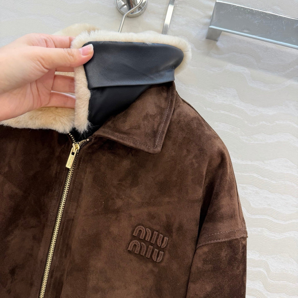 Miumiu 26S Shearling Collar Suede Jacket Dark Brown 440896