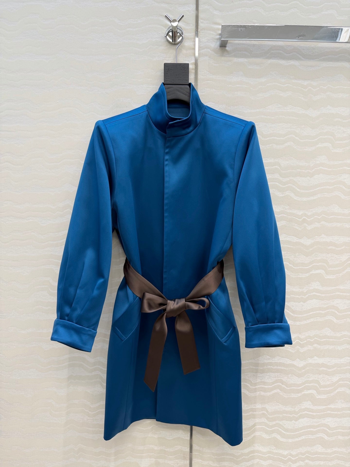 YSL Belted Coat Stonewash Blue Silk Satin 341266
