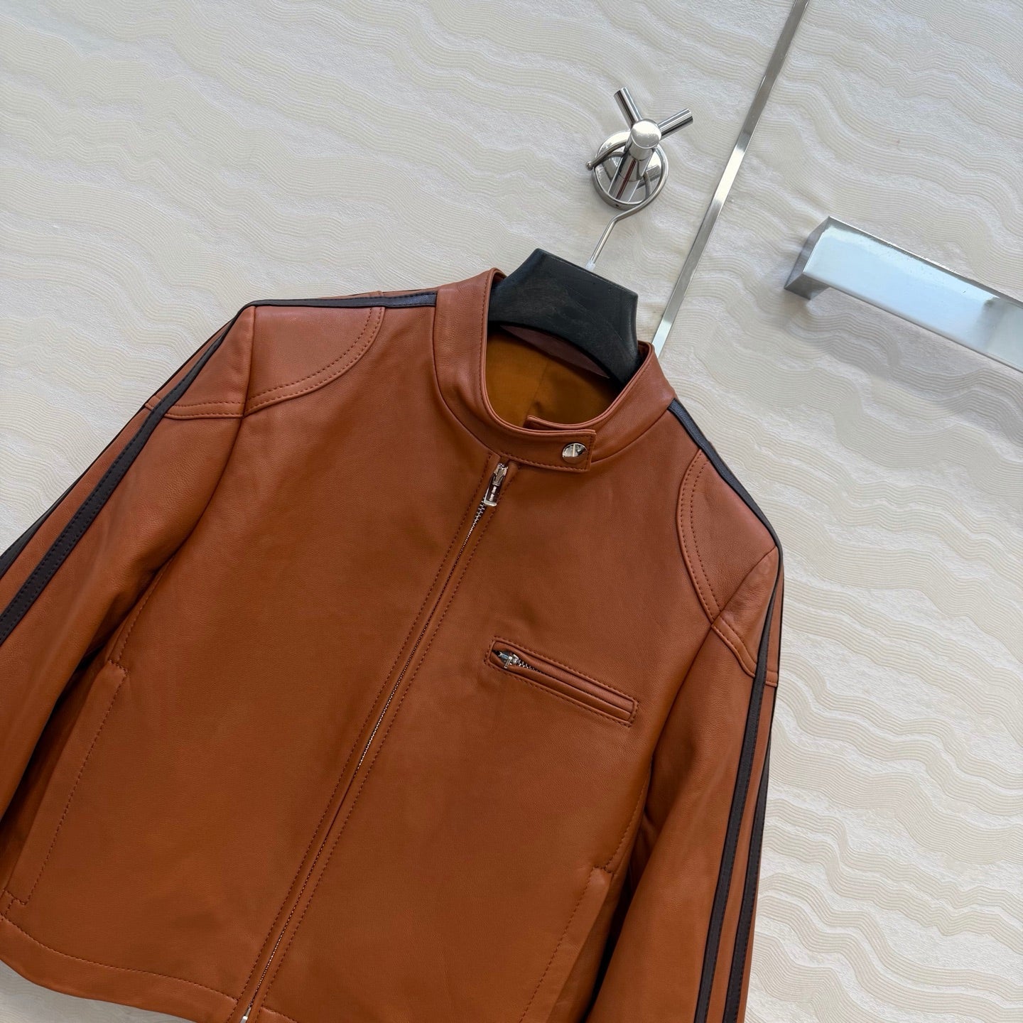 Miu SS26 Nappa Leather Jacket Stripes Brandy Lambskin 351105