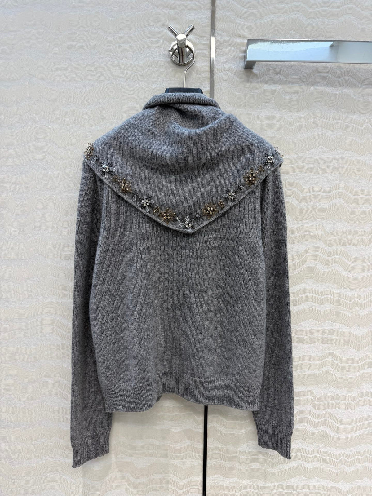 Prada 26S Crystal-Embellished Knit Sweater Grey Cashmere 441039