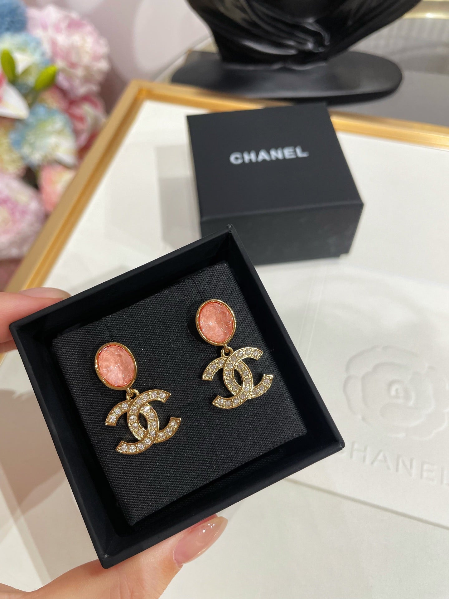 CC 26FW Pink Flower Gold Earrings 021