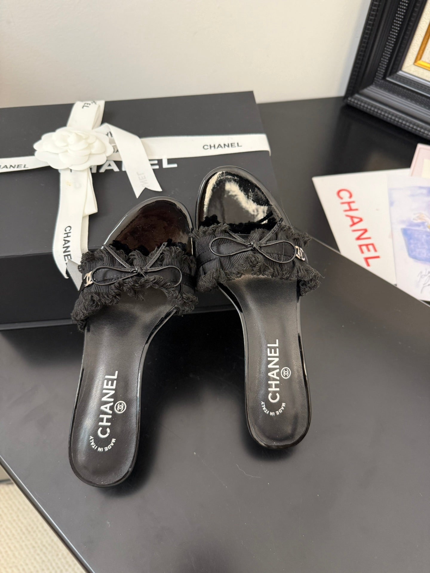 cc25 slide sandal 65mm ruffle bow heels black grosgrain canvas 233584