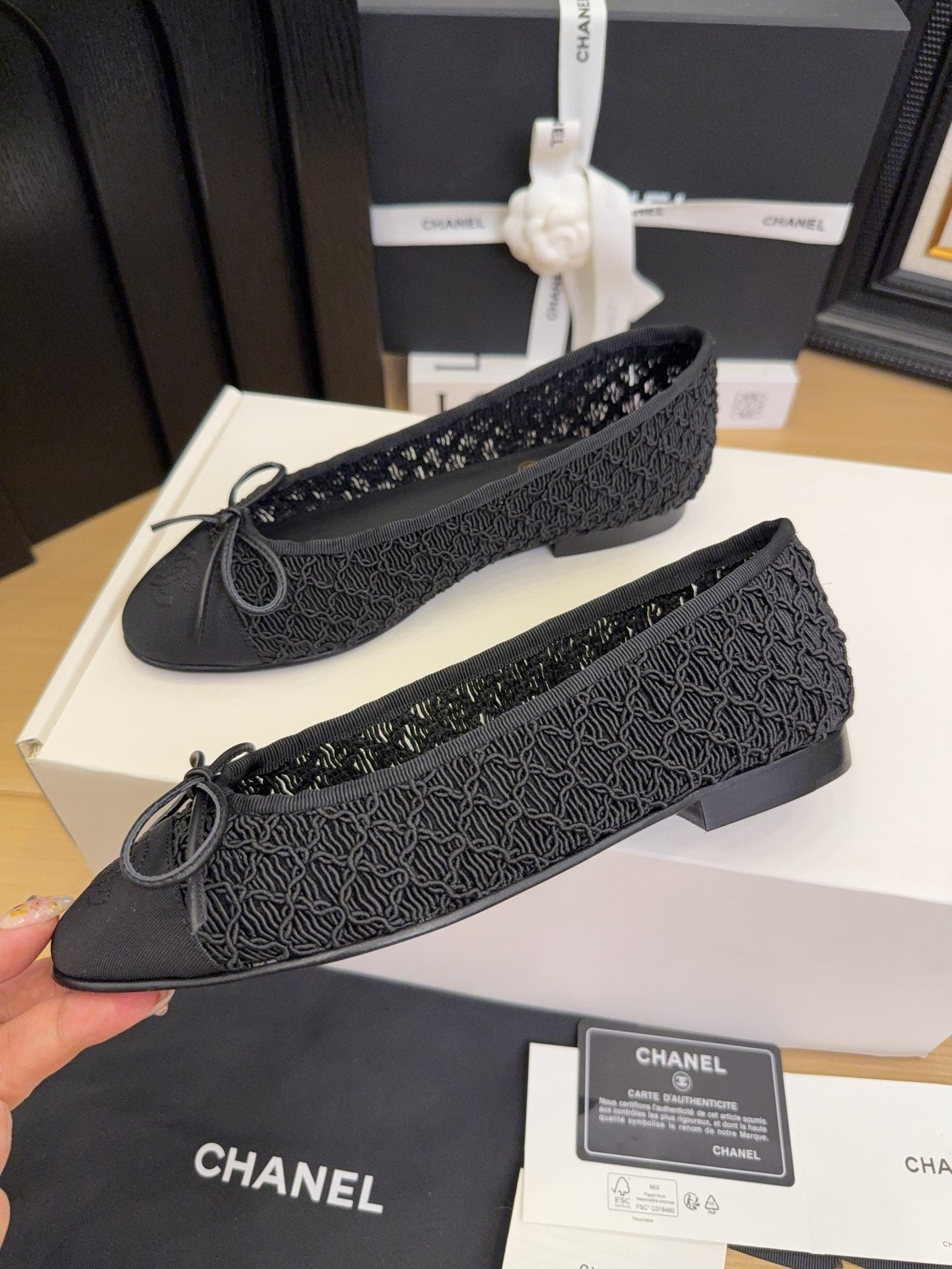 CC 25 Ballet Flats Black Mesh Fabric Black Grosgrain 277708