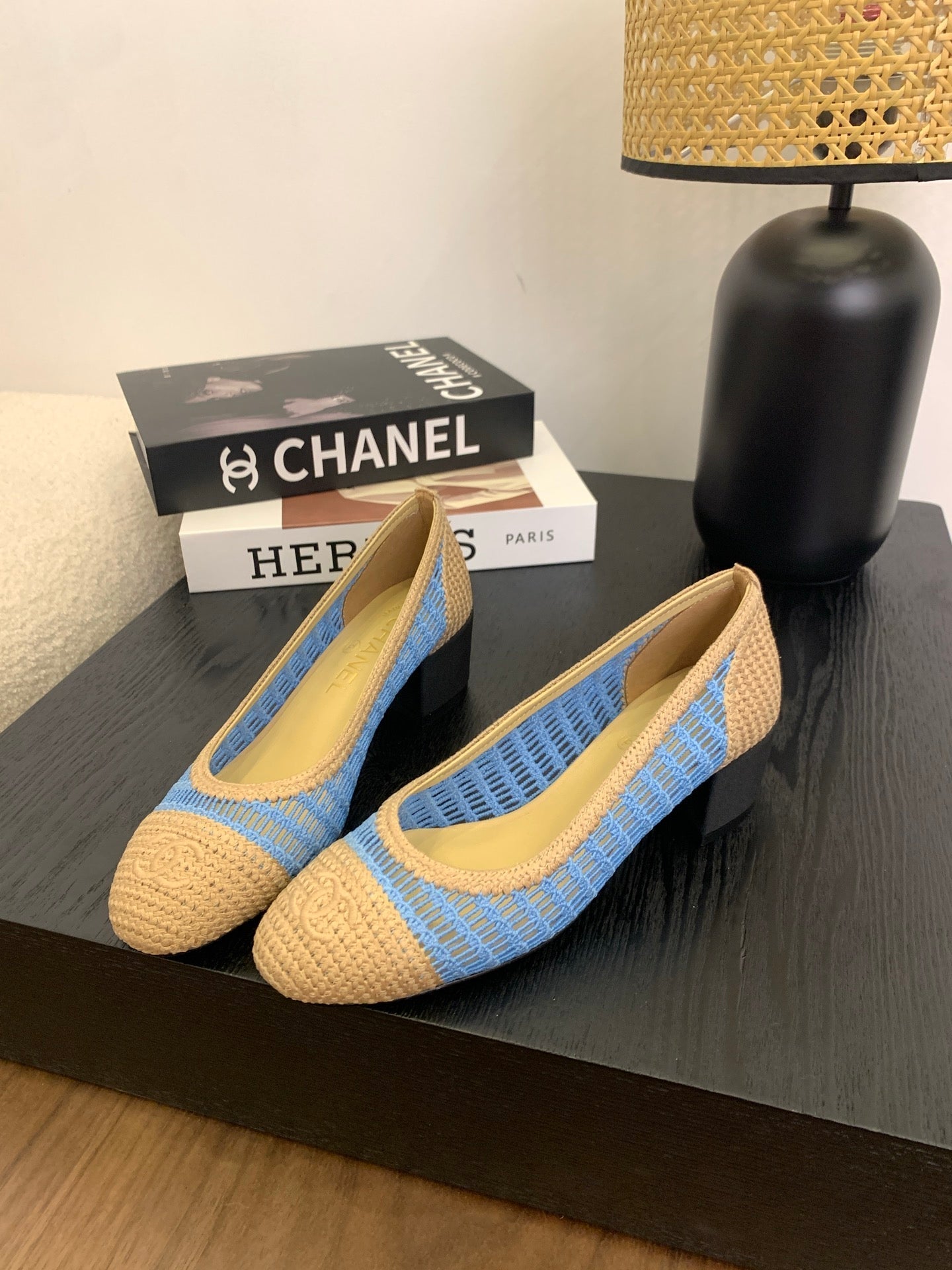 cc 25 ballet flat 50mm beige sky blue raffia 288819