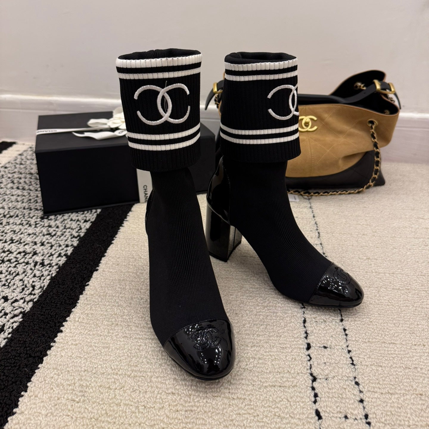 CC 2025 Chunky Heel Sock Boot Black Leather Knit 548117
