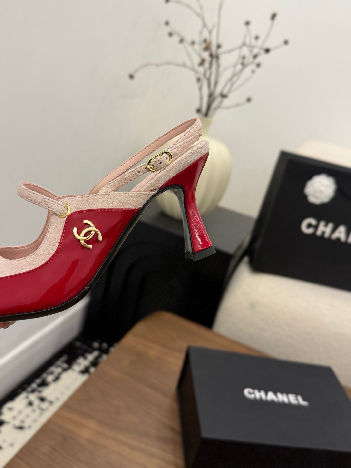 CC 26FW Slingback 7.5cm Pink Red Suede Patent Leather 676122