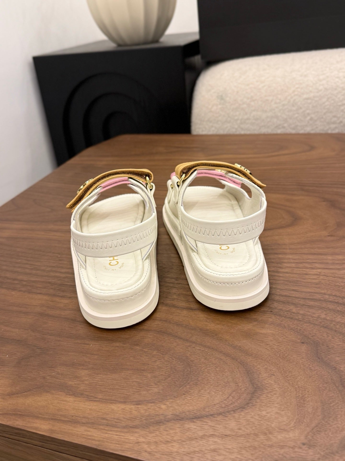 CC Dad Sandals White Pink Brown Calfskin 850576