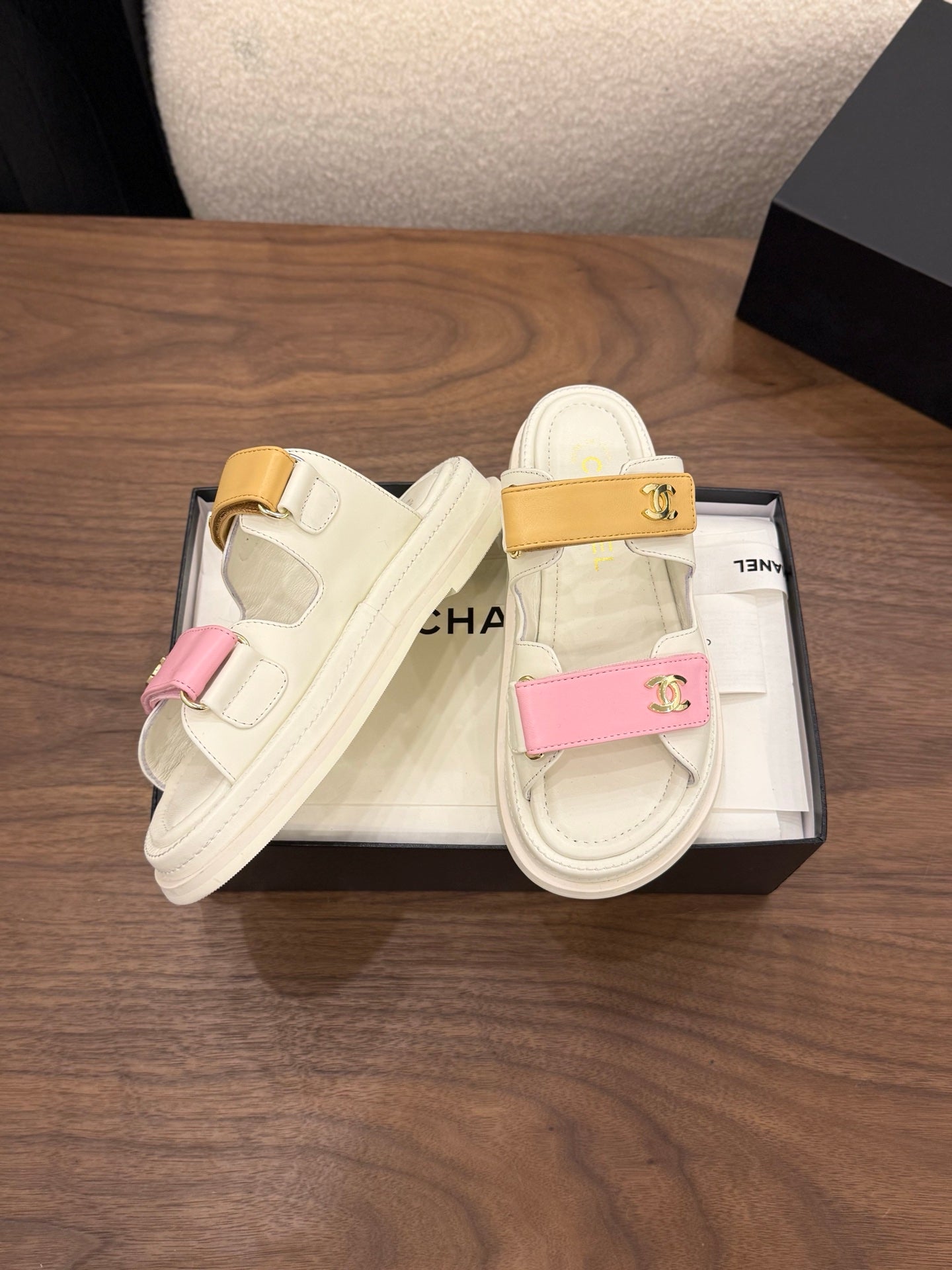 CC Dad Mules White Pink Brown Calfskin 850577