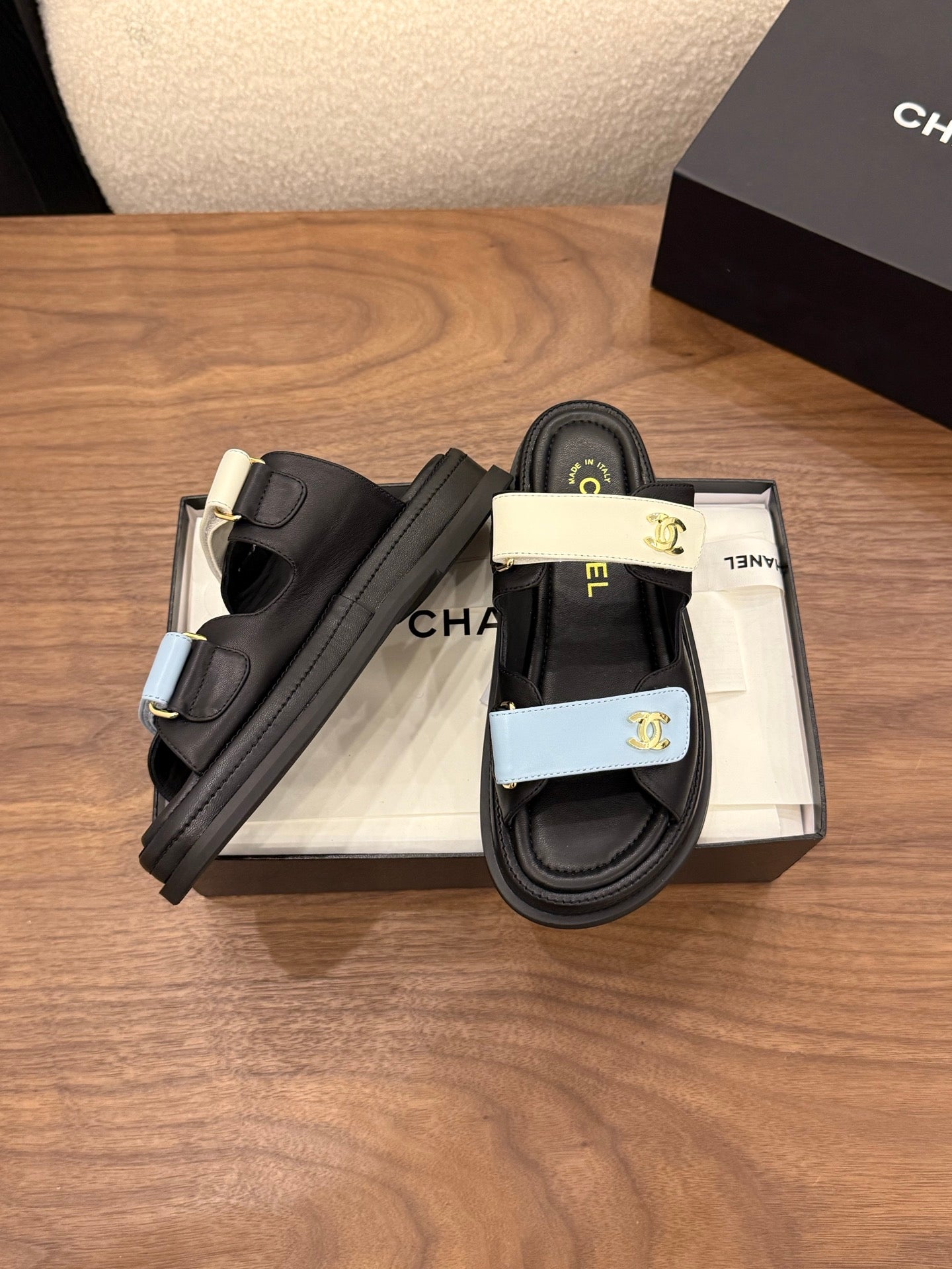 CC Dad Mules White Black Blue Calfskin 850571