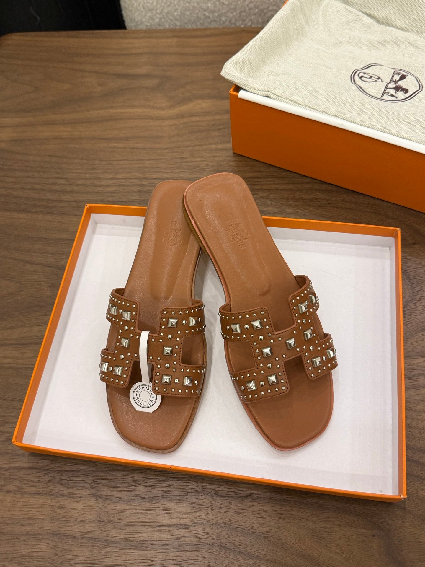 HM 26s Oran Studded Sandals In Brown Calfskin