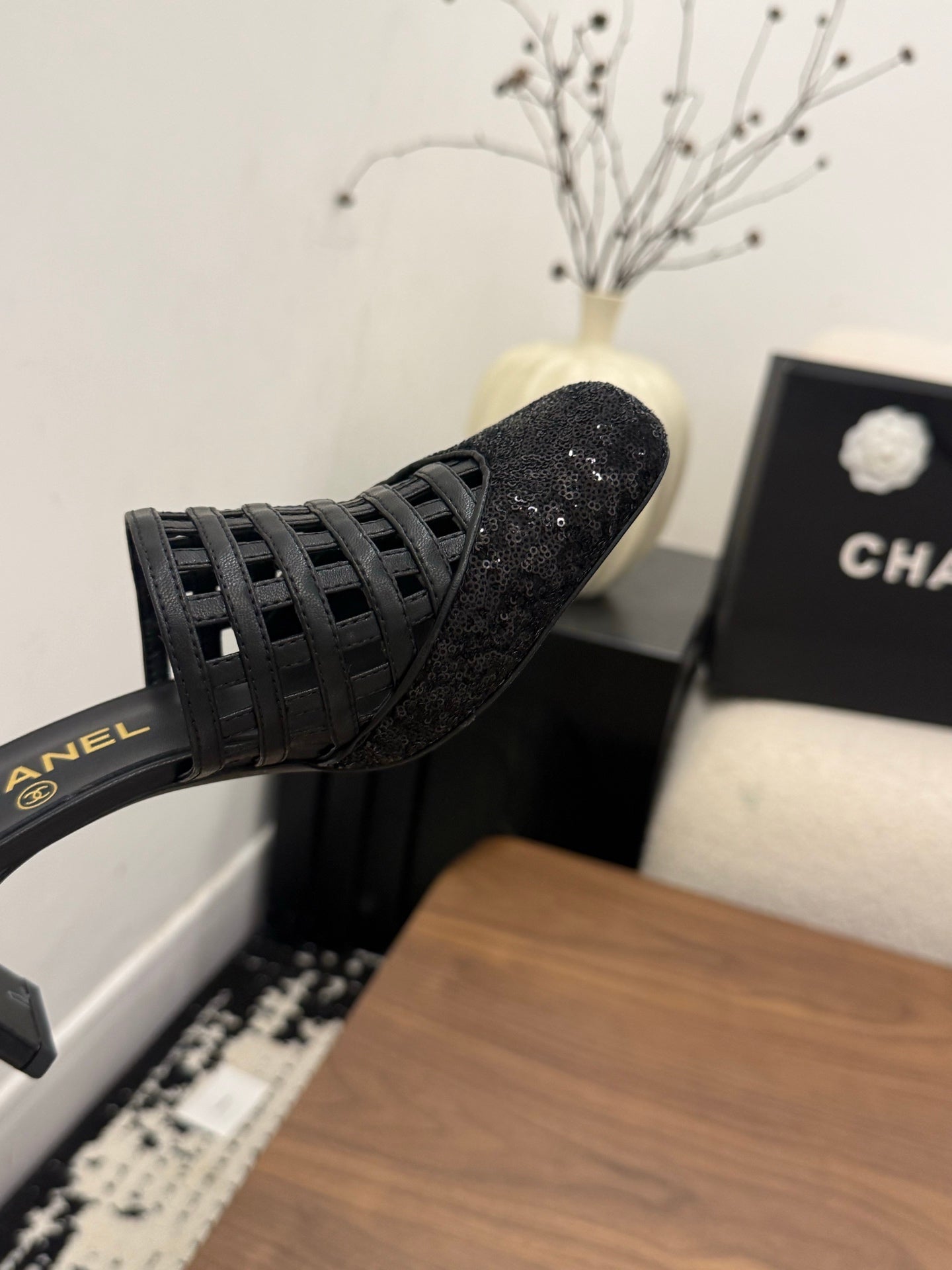 CC 26s Woven Mule High-Heeled Sandals Black Leather 850118