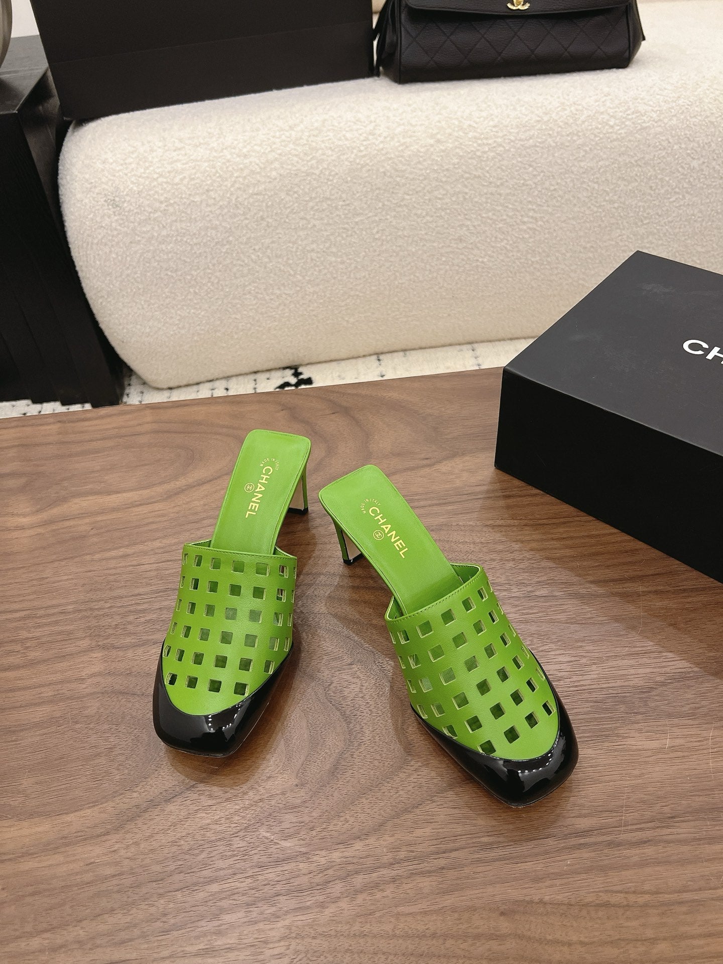 CC 26s Woven Mule High-Heeled Sandals Green Black Leather 849873
