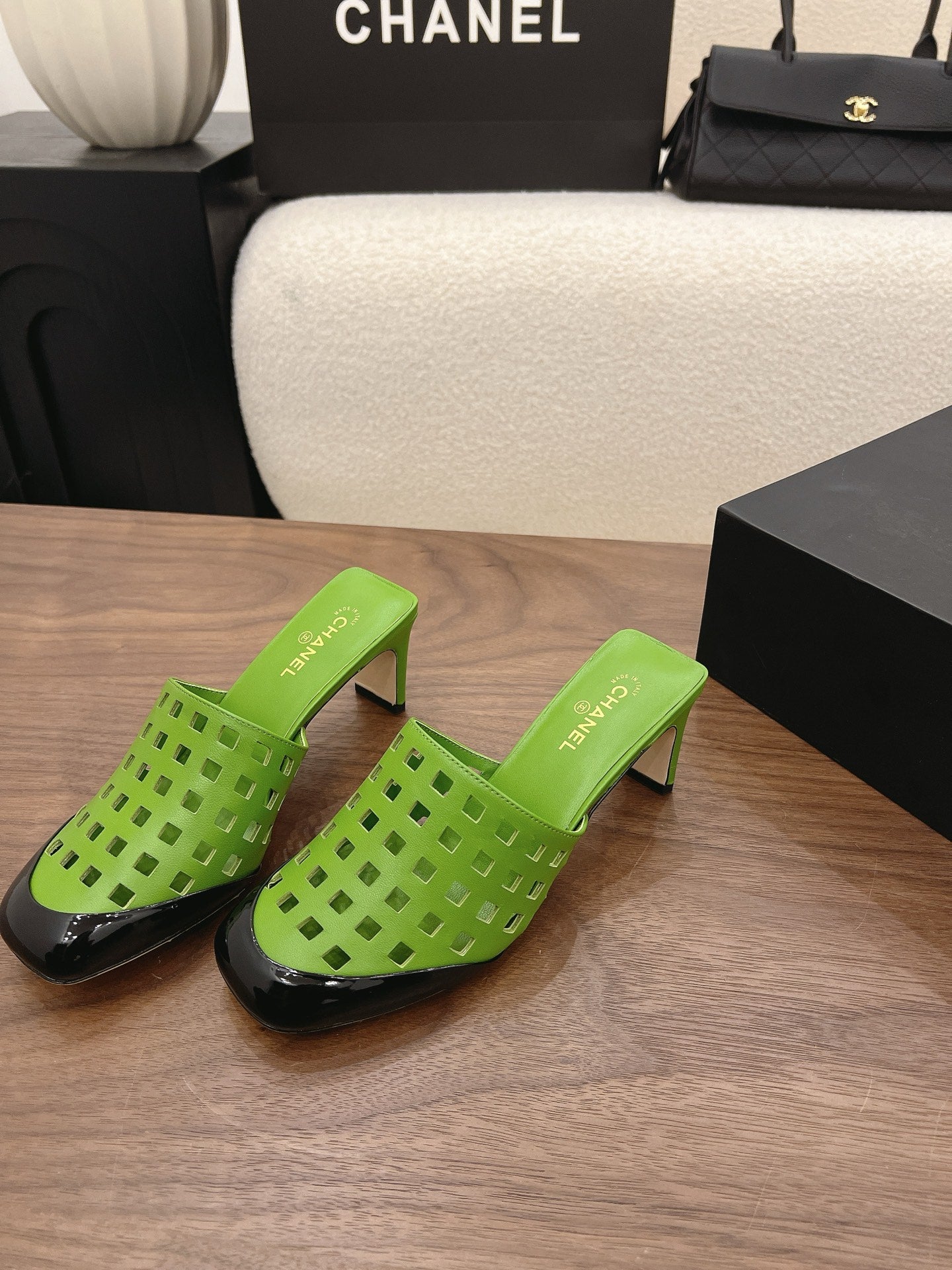 CC 26s Woven Mule High-Heeled Sandals Green Black Leather 849873