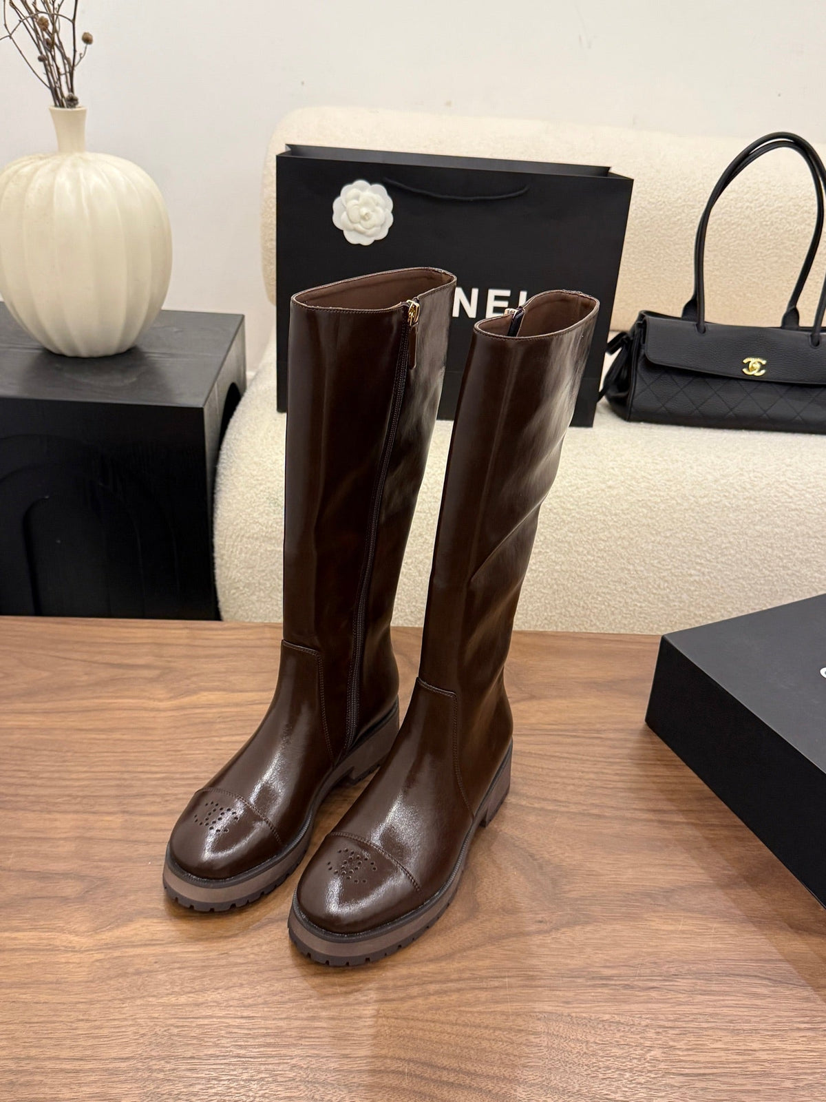 CC 26B Knee-High Boots 4.5cm Brown Glossy Leather 122442