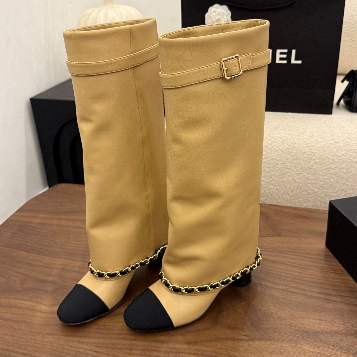 CC 26B Fold-Over Knee Boots 6.5cm Beige Black Canvas Leather 122436