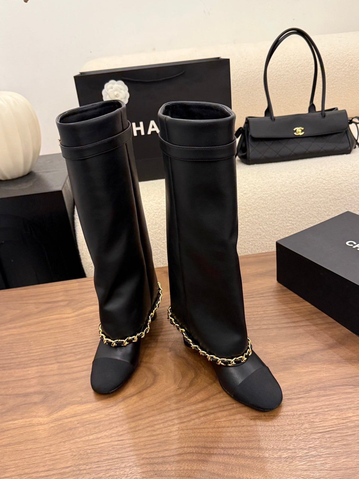 CC 26B Fold-Over Knee Boots 6.5cm Black Canvas Leather 122437