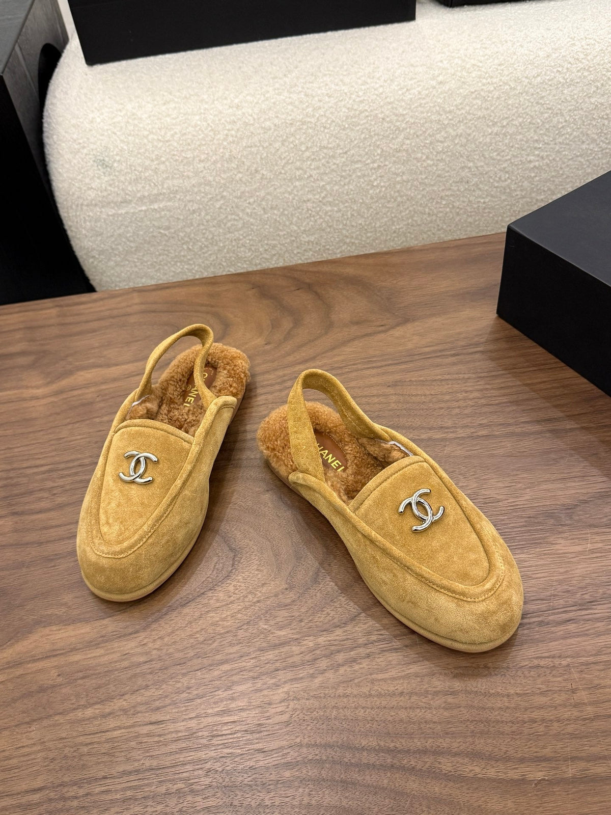 CC 26s Slingback Loafers Camel Suede Shearling 122672