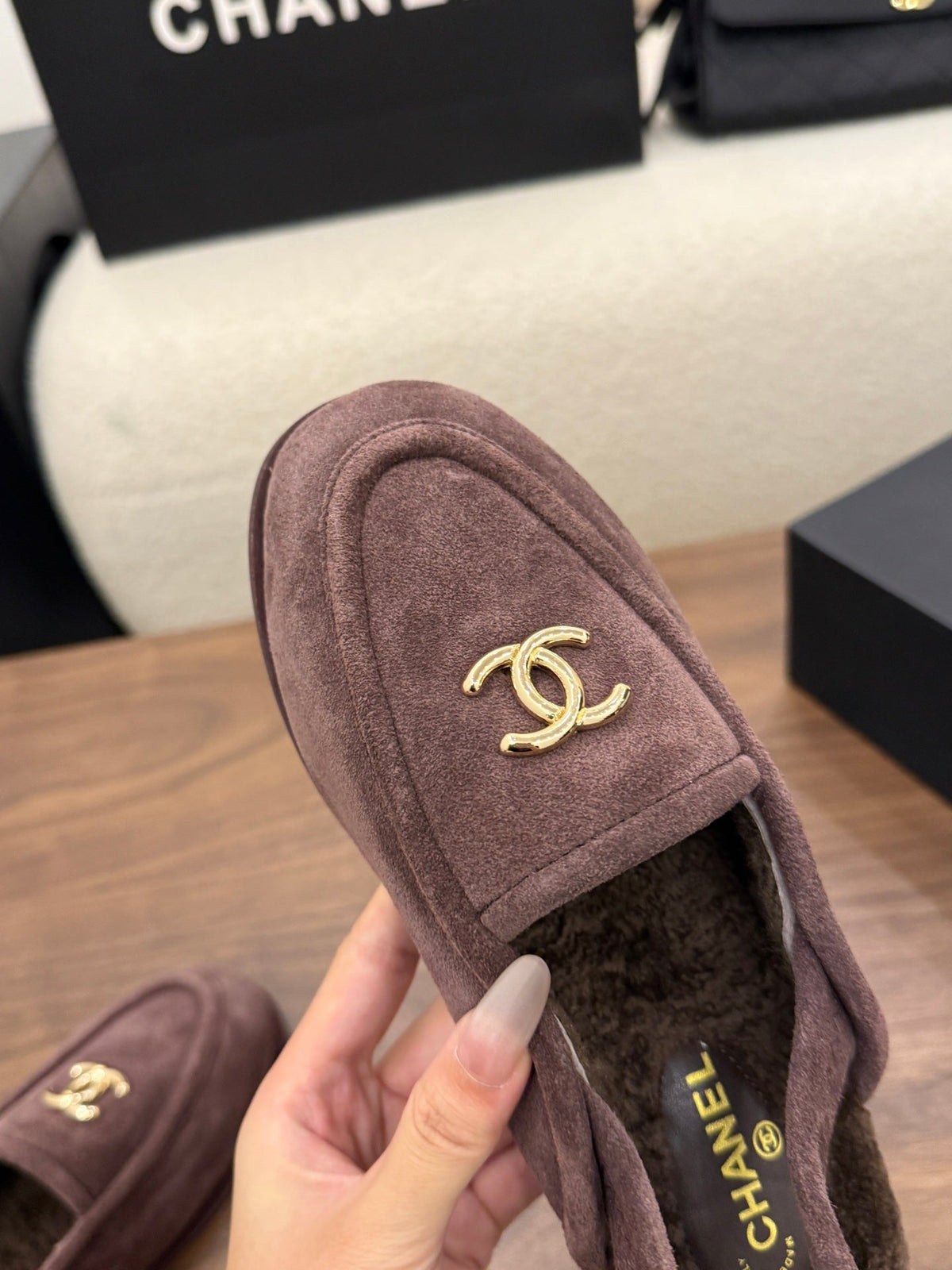 CC 26s Slingback Loafers Taupe Suede Shearling 122674