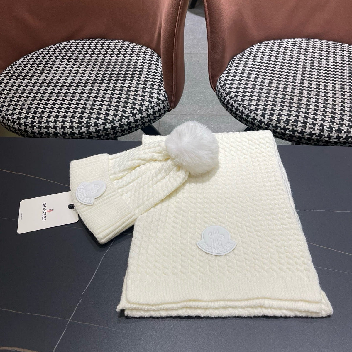 Moncler Hat Scarf Set White Cable Knit Fur 481806