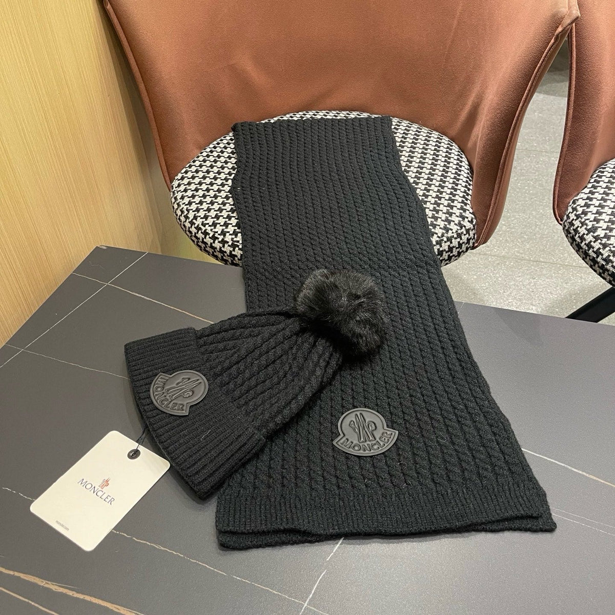 Moncler Hat Scarf Set Black Cable Knit Fur 481807