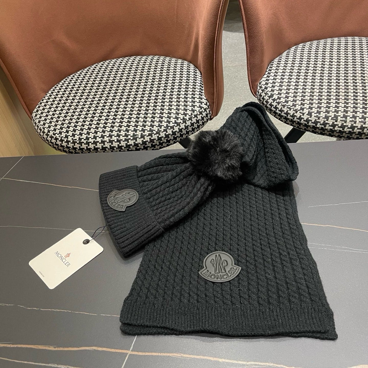 Moncler Hat Scarf Set Black Cable Knit Fur 481807