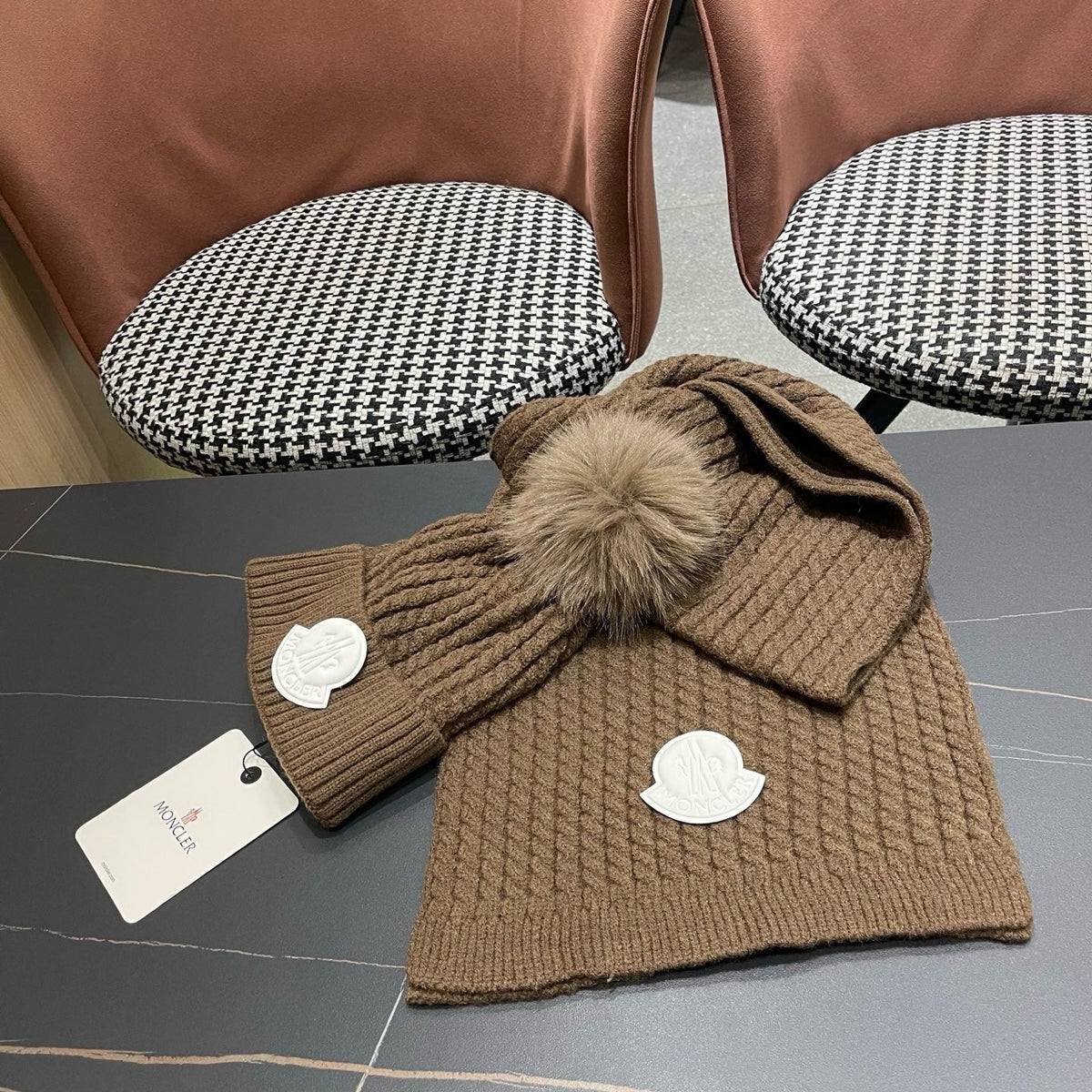 Moncler Hat Scarf Set Brown Cable Knit Fur 481808