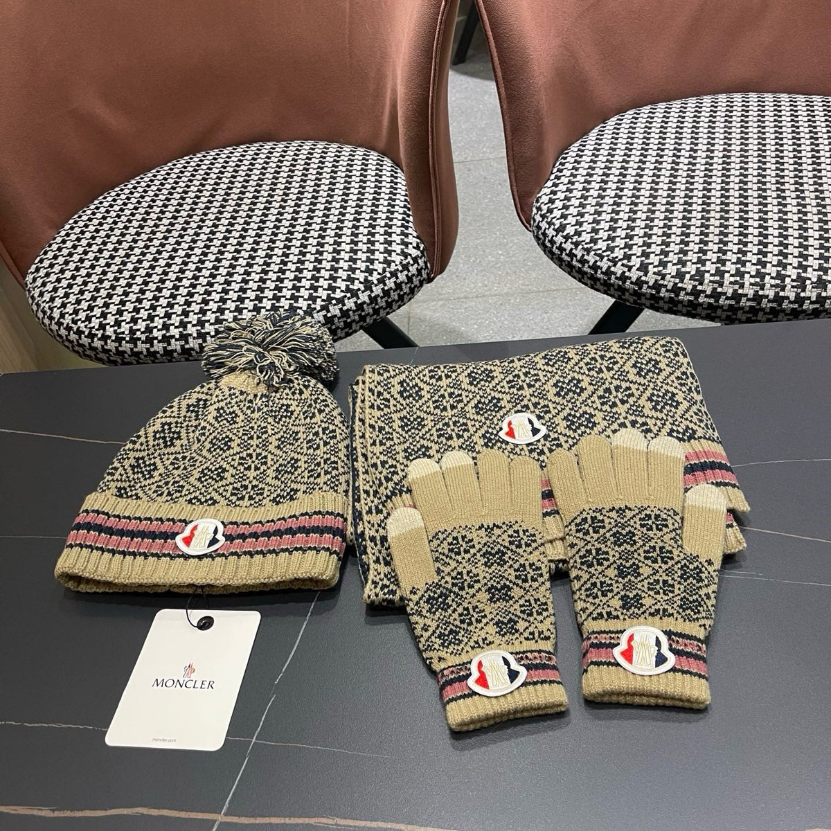 Moncler Hat Scarf Gloves Set Beige Jacquard 481809