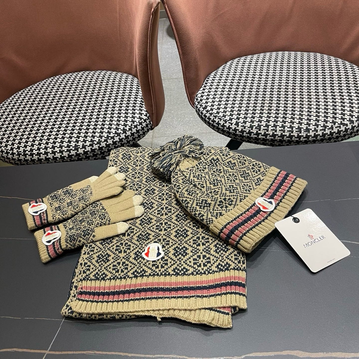 Moncler Hat Scarf Gloves Set Beige Jacquard 481809