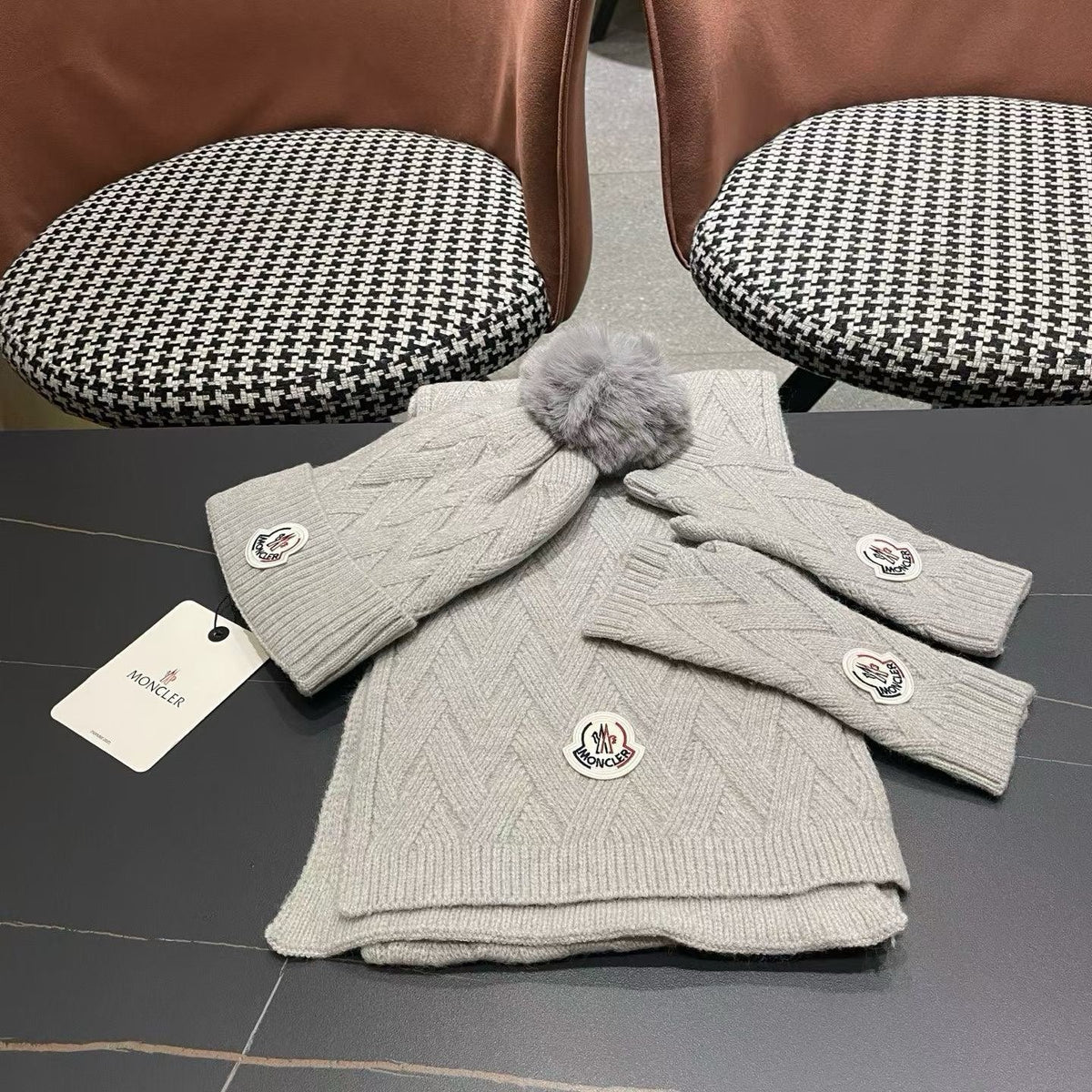 Moncler 26S Cable-Knit Pompom Beanie Scarf & Fingerless Gloves Grey Set 506085