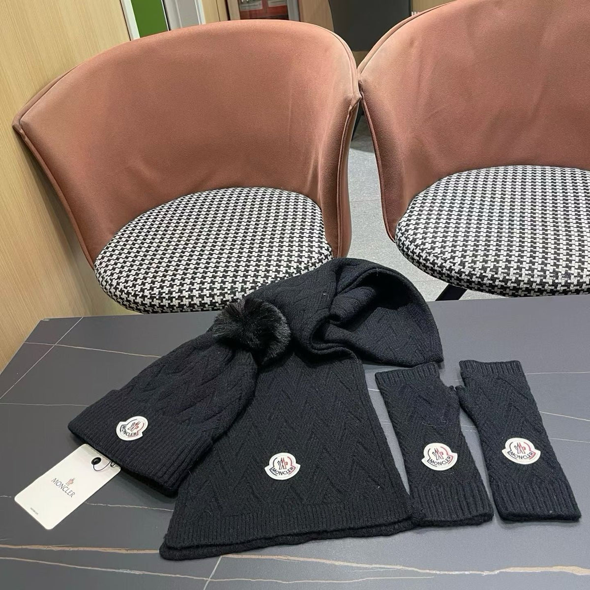 Moncler 26S Cable-Knit Pompom Beanie Scarf & Fingerless Gloves Black Set 506083