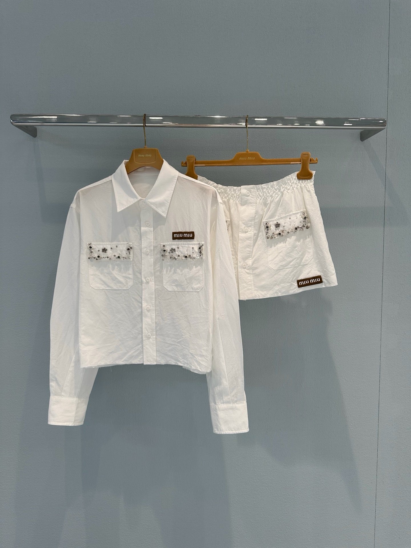 Miu Embroidered Poplin and Chino Set White Cotton 407491