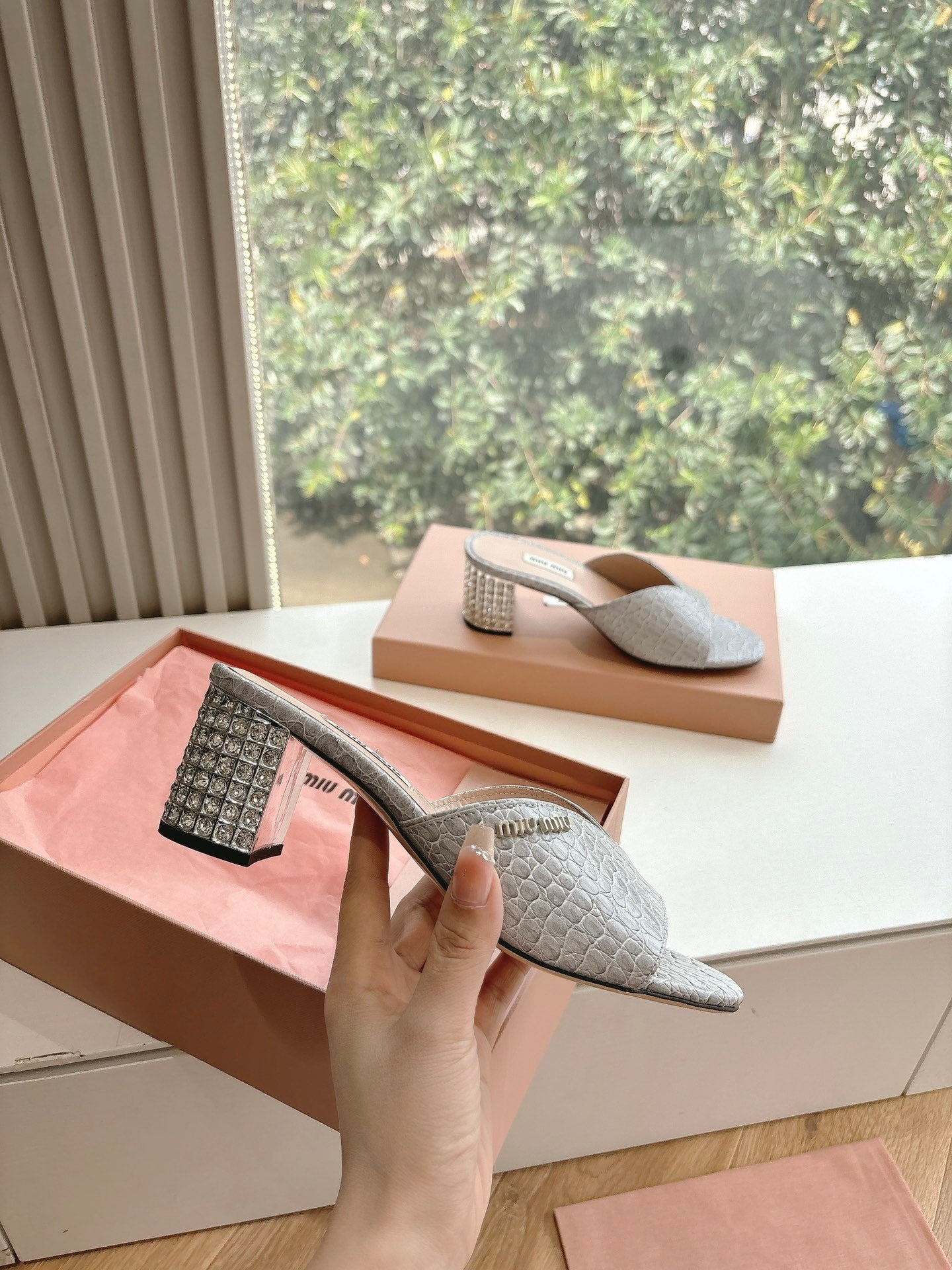 Miu Grey Croc Embossed Slide Sandals with Embellished Heel 223919