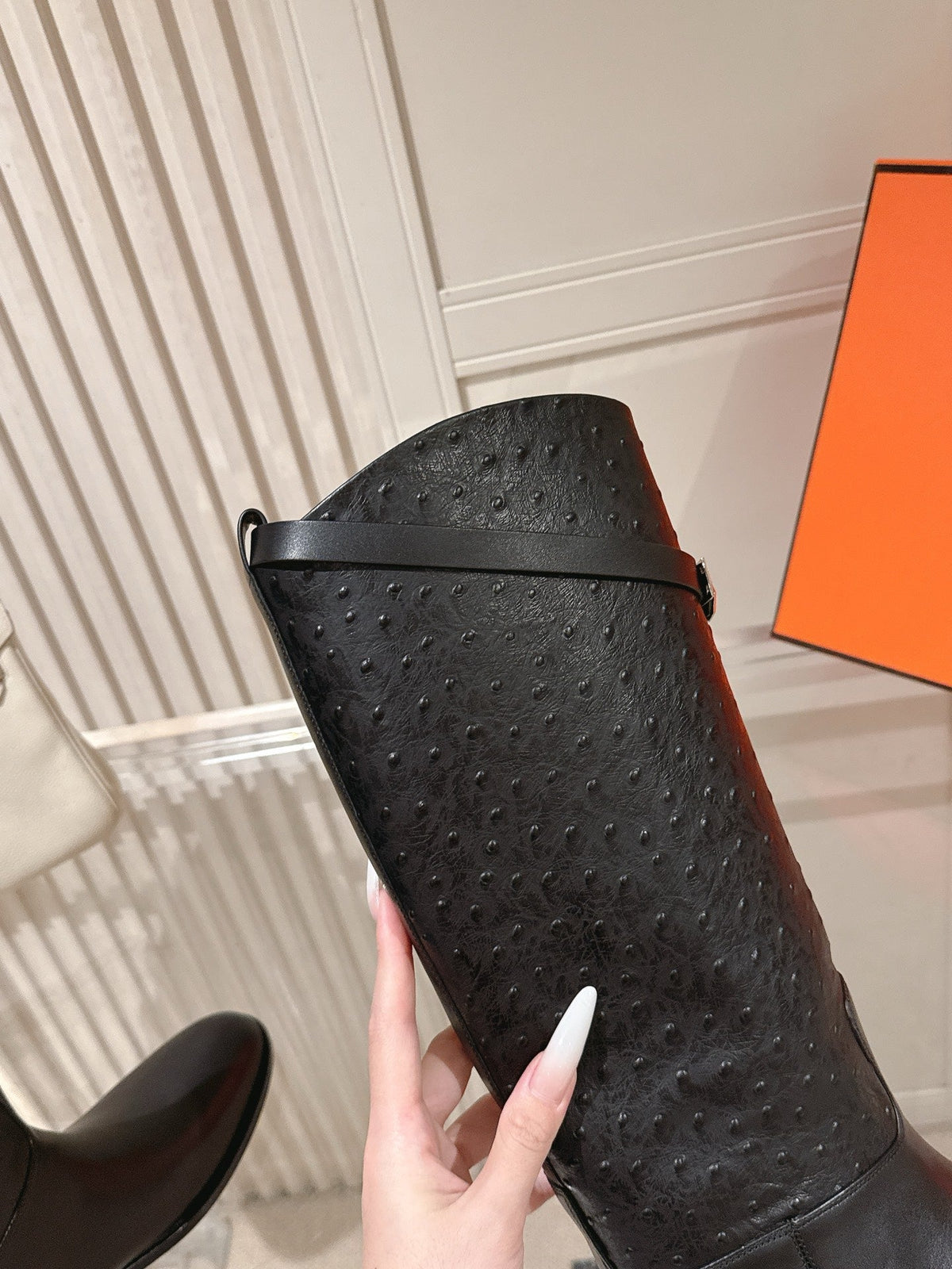 HM 26S Tall Flat Boots in Black Ostrich Leather