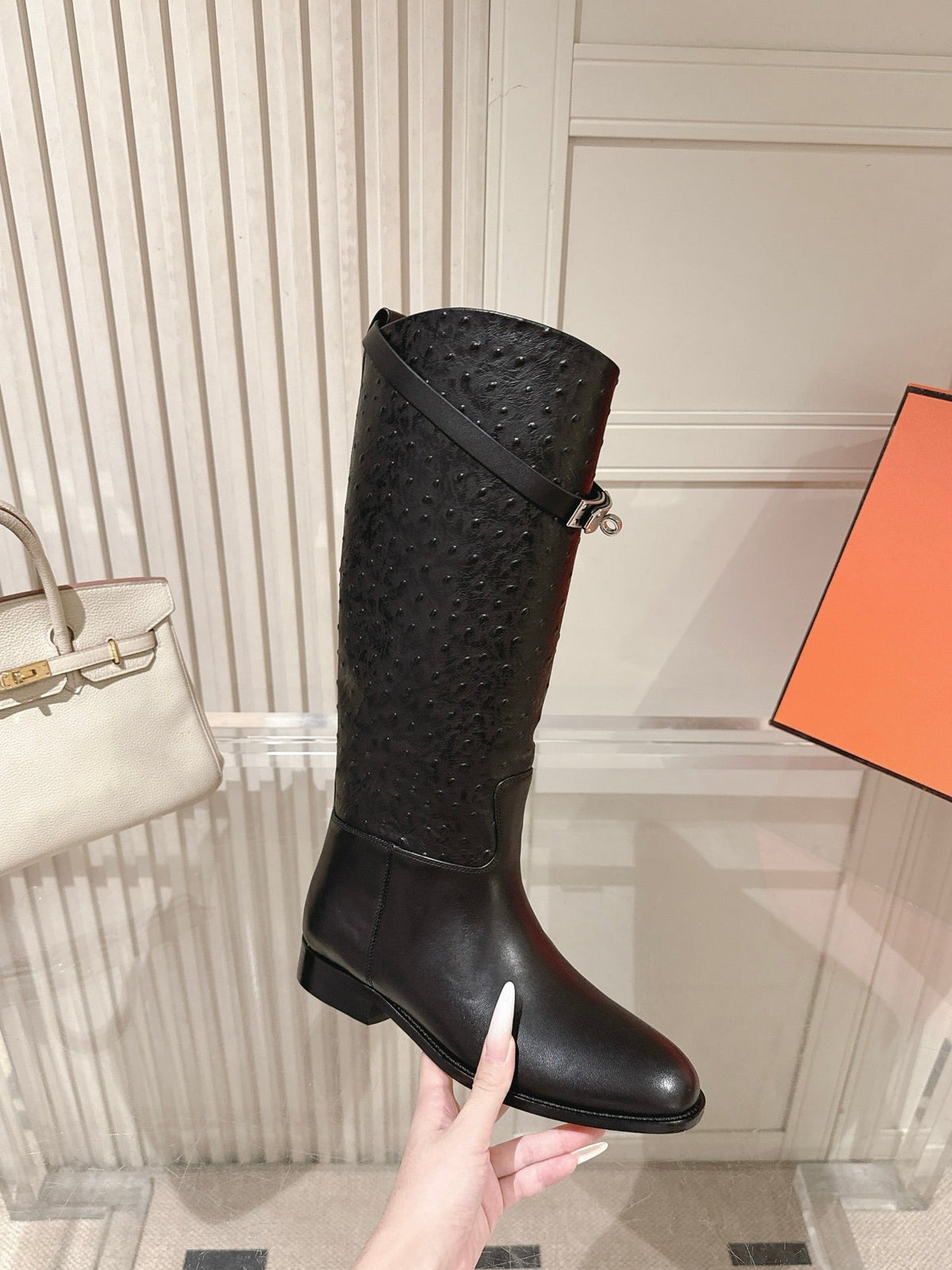 HM 26S Tall Flat Boots in Black Ostrich Leather