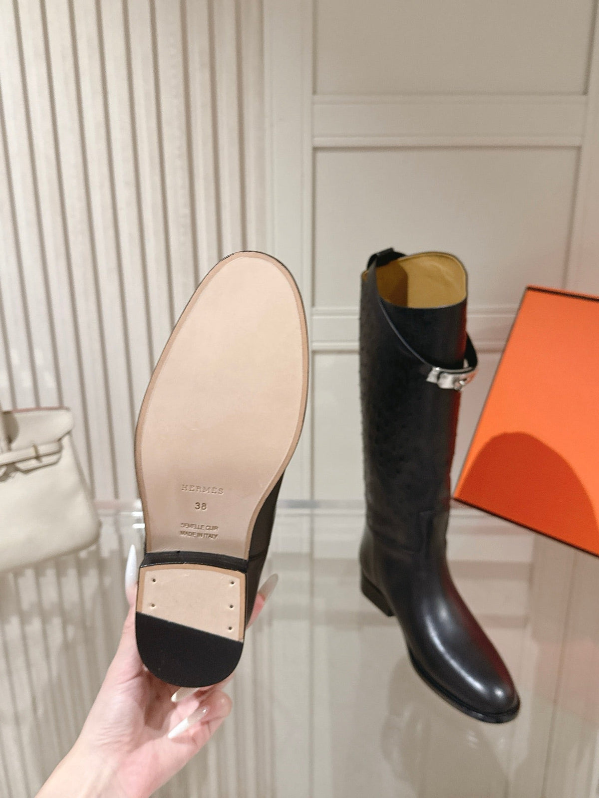 HM 26S Tall Flat Boots in Black Ostrich Leather