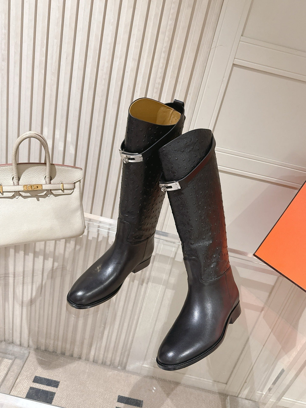HM 26S Tall Flat Boots in Black Ostrich Leather