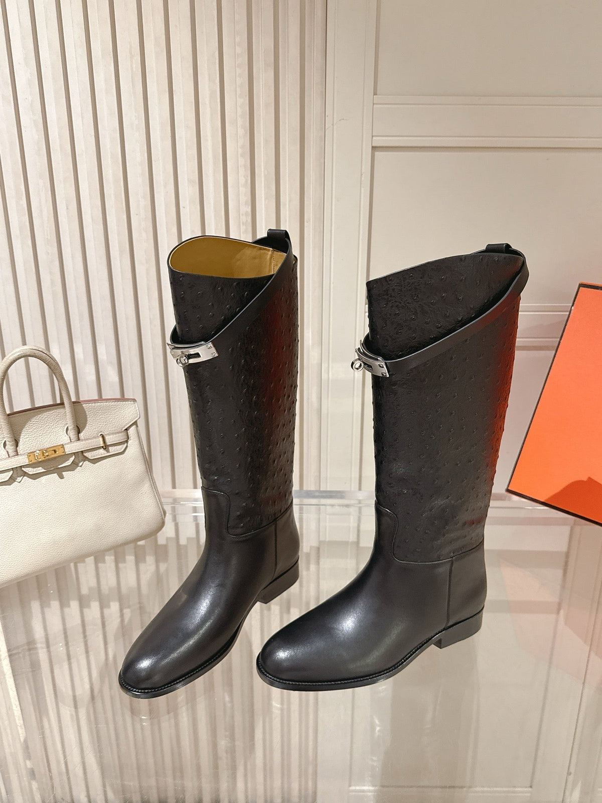 HM 26S Tall Flat Boots in Black Ostrich Leather