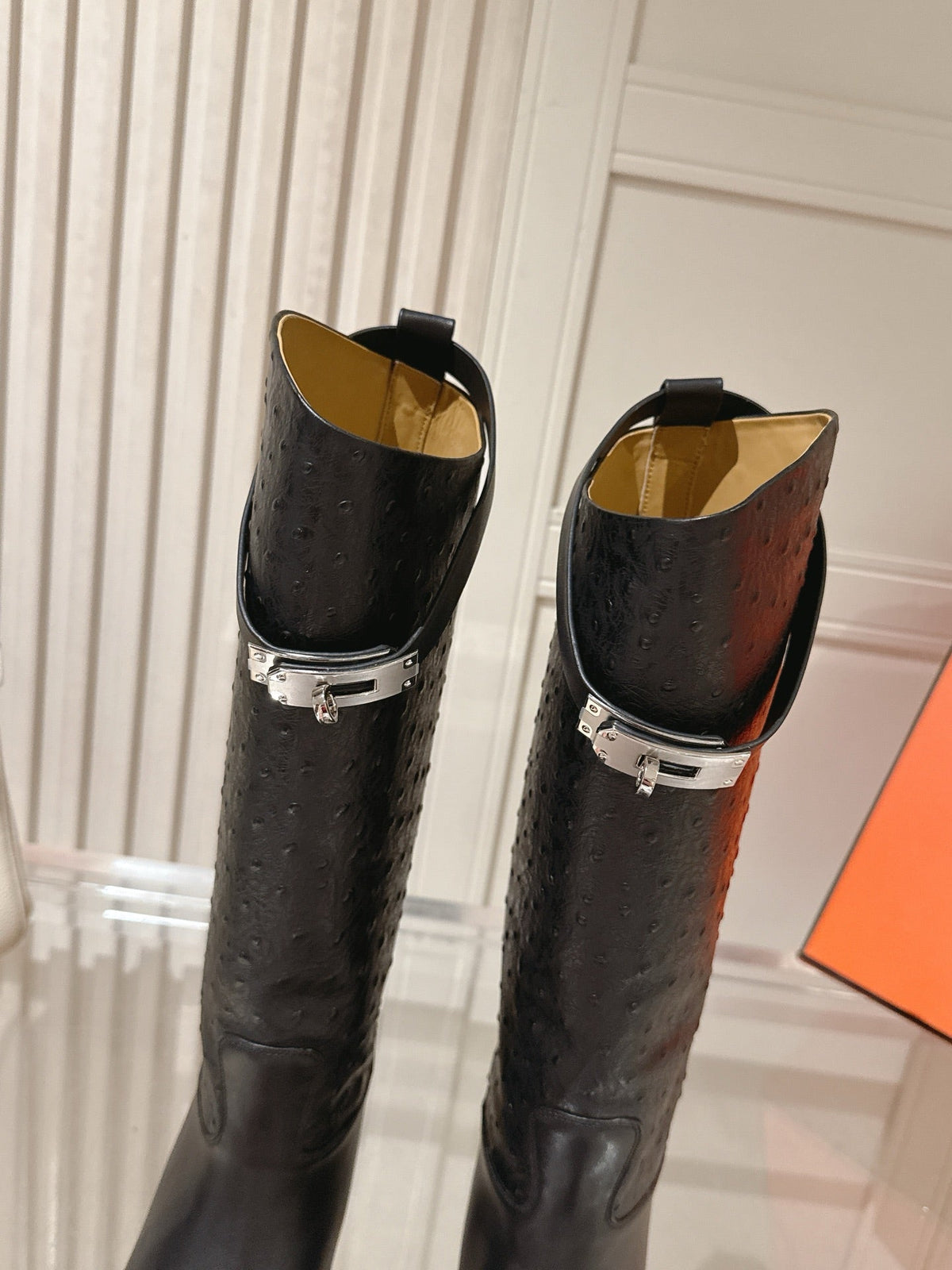 HM 26S Tall Flat Boots in Black Ostrich Leather