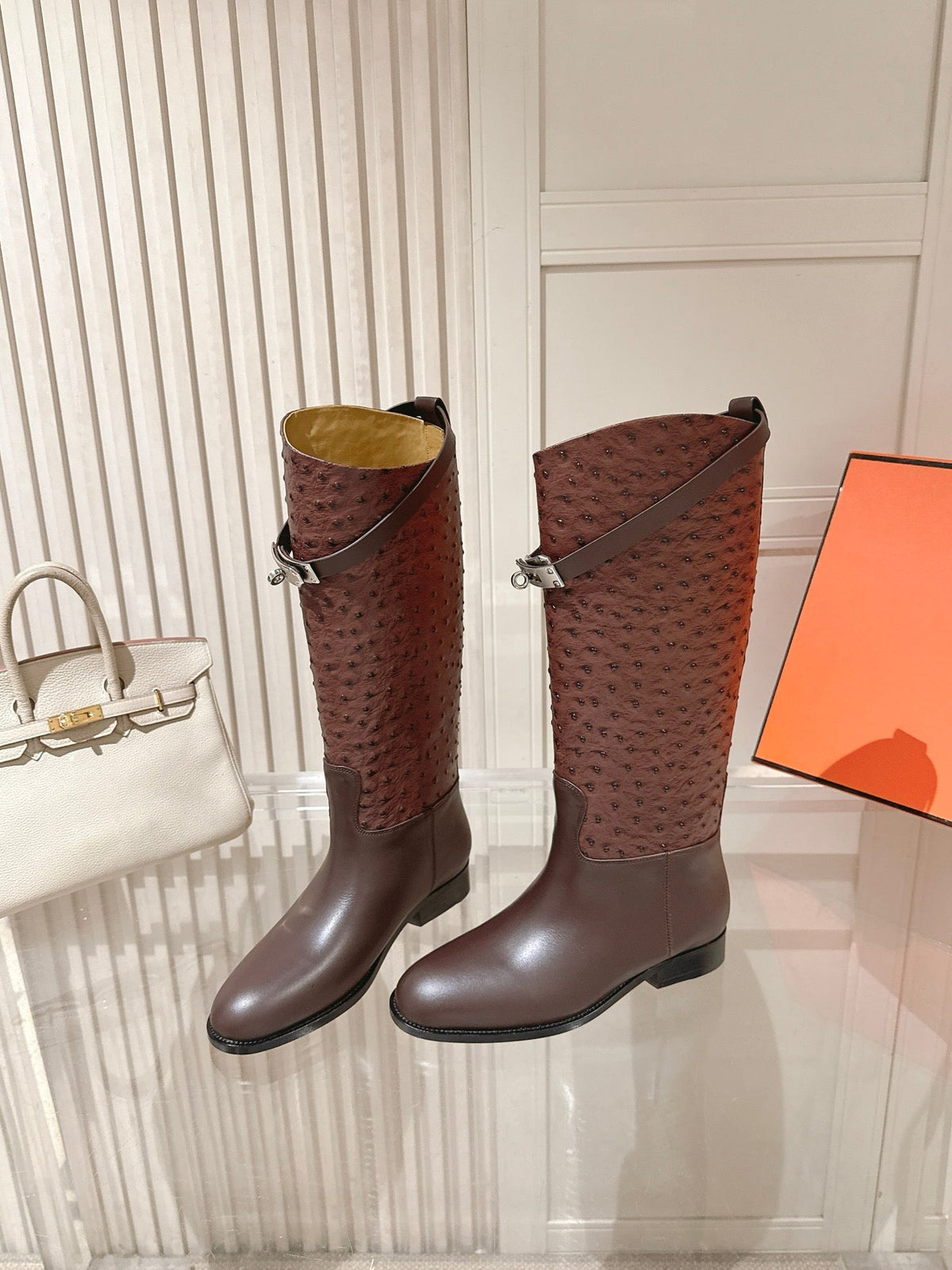 HM 26S Tall Flat Boots in Dark Brown Ostrich Leather