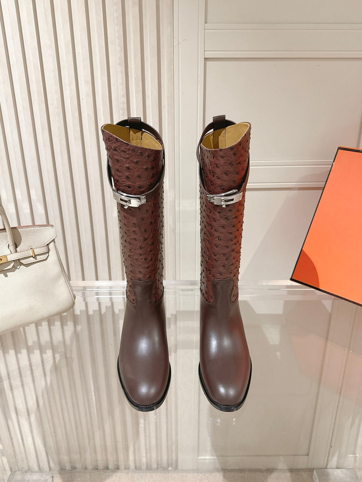 HM 26S Tall Flat Boots in Dark Brown Ostrich Leather
