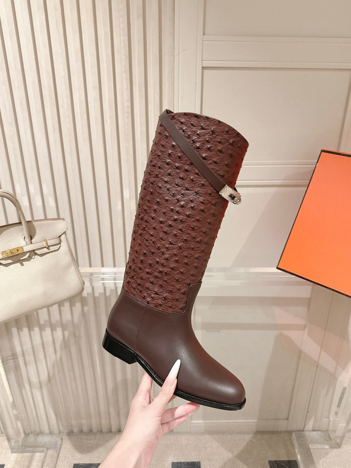 HM 26S Tall Flat Boots in Dark Brown Ostrich Leather