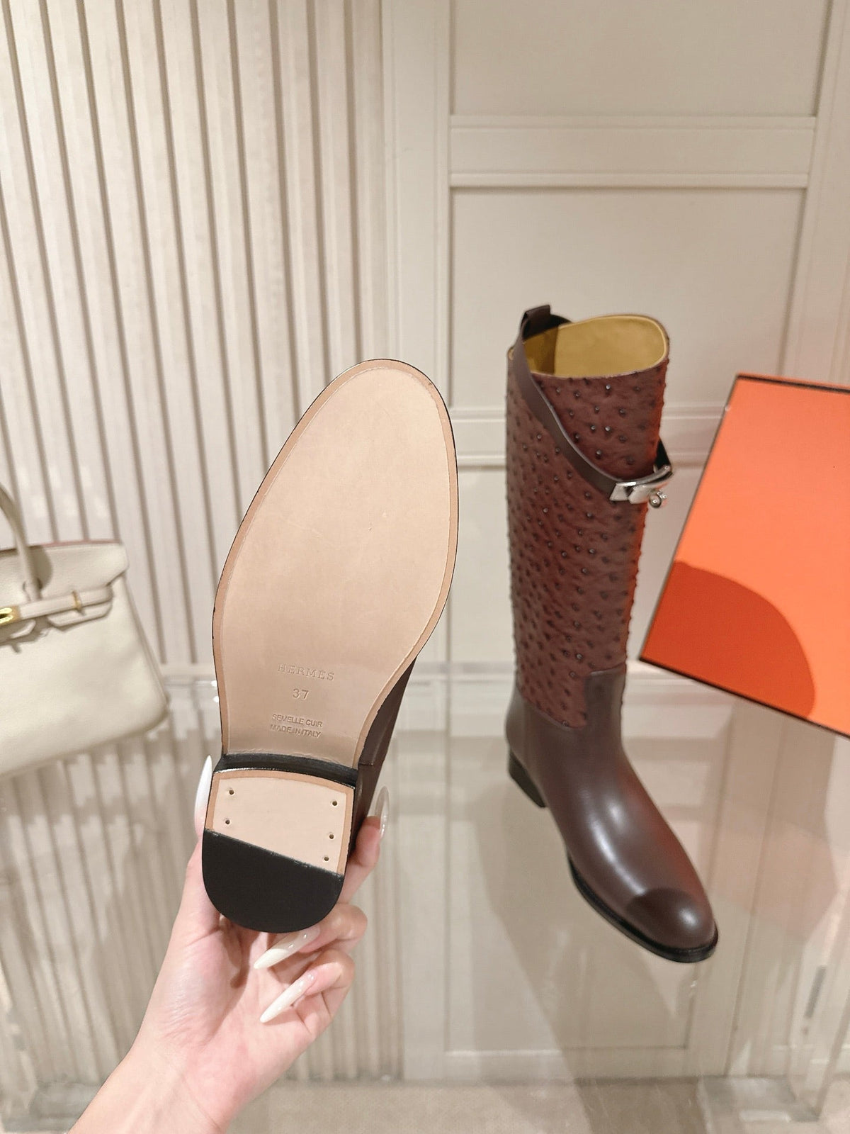 HM 26S Tall Flat Boots in Dark Brown Ostrich Leather
