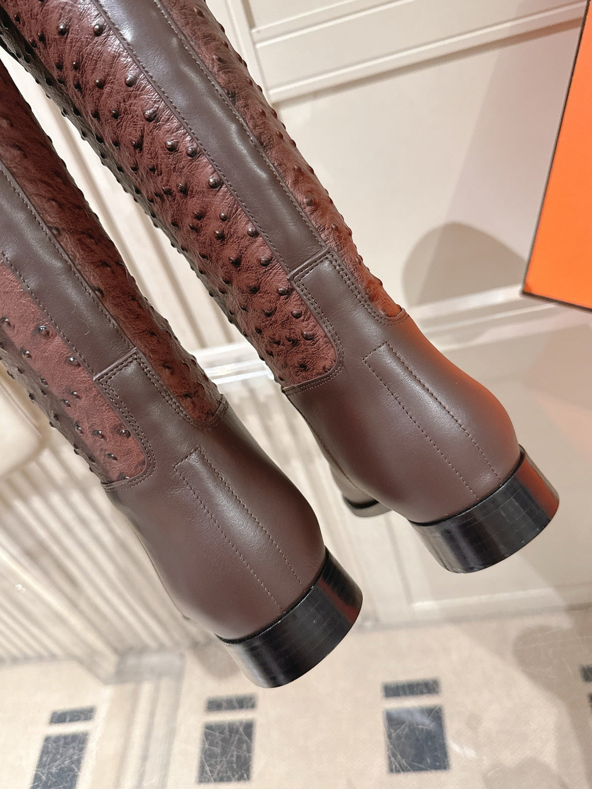 HM 26S Tall Flat Boots in Dark Brown Ostrich Leather